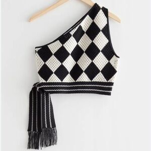 & Other Stories Black and White Checkered Crotchet One-Shoulder Top